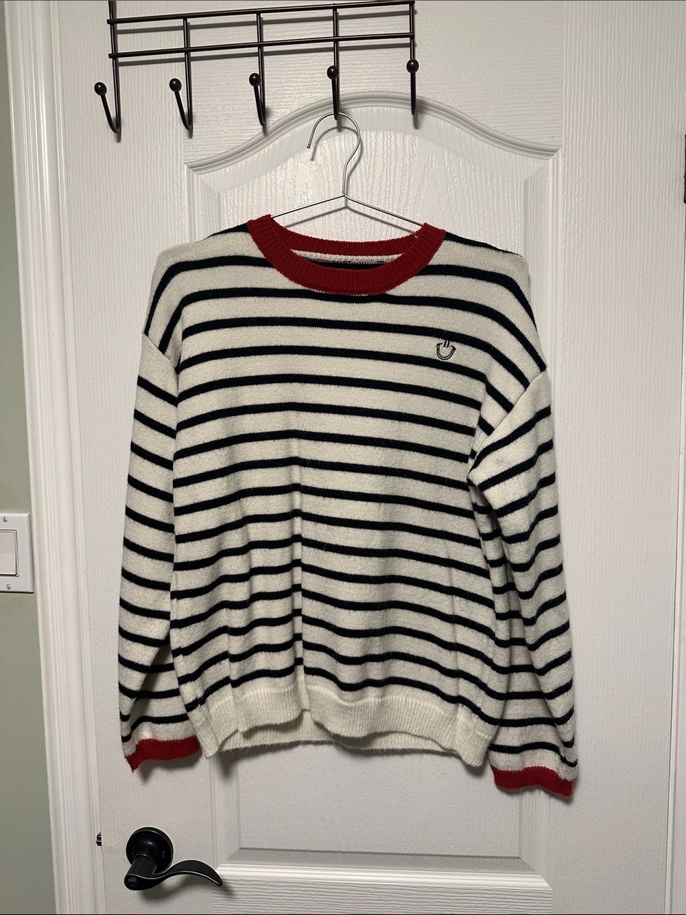 H&M women’s Navy and White Striped Crewneck Sweater with Red Trim